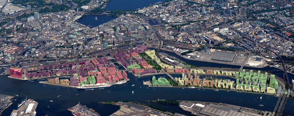  This image shows the different development phases across the HafenCity: completed (purple), under construction (red), under option/architecture competition (orange), subject to tender (yellow), and parcels currently being prepared/serviced (green). Building groups are involved on a fifth of the blocks 