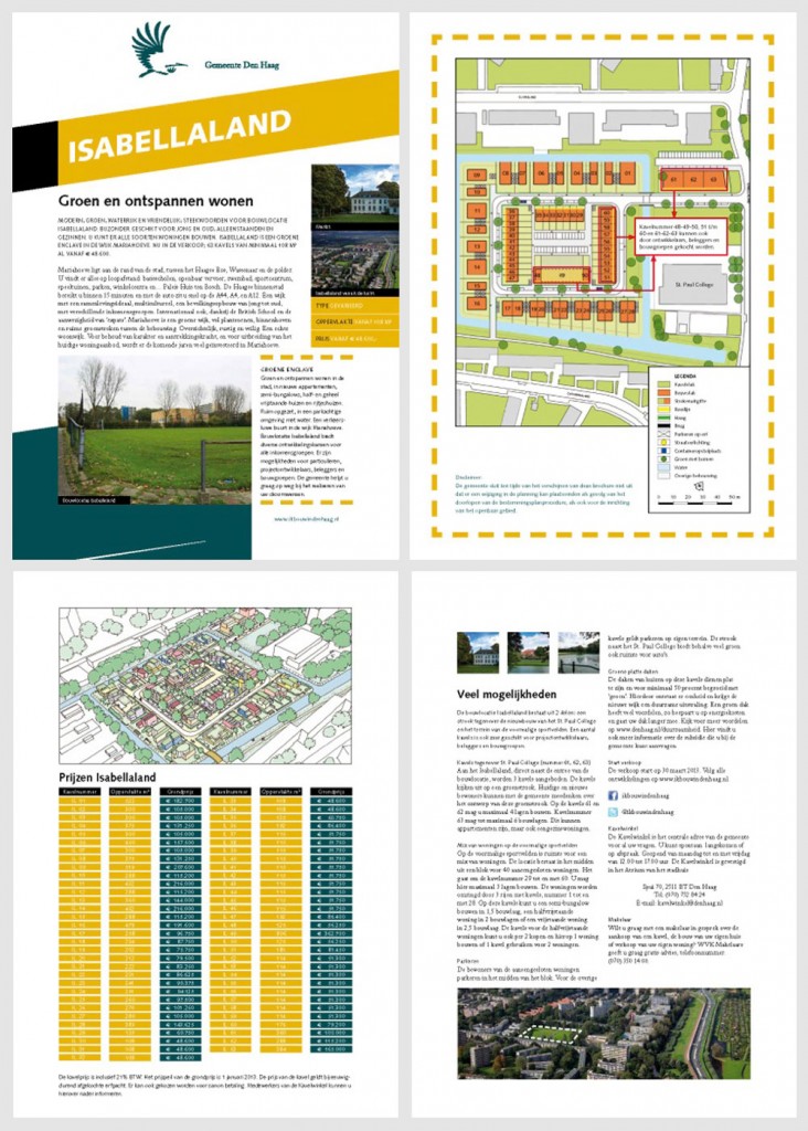 The four-page Gebiedskaart outlines the master plan, existing character of the area, likely character of the build out, plot sizes and prices